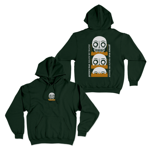 Dark green hoodie with a skull embroidered on front and Senses Fail logos and skulls printed on back