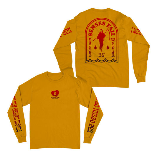 Gold longsleeve t-shirt with Senses Fail logos printed on the front and back